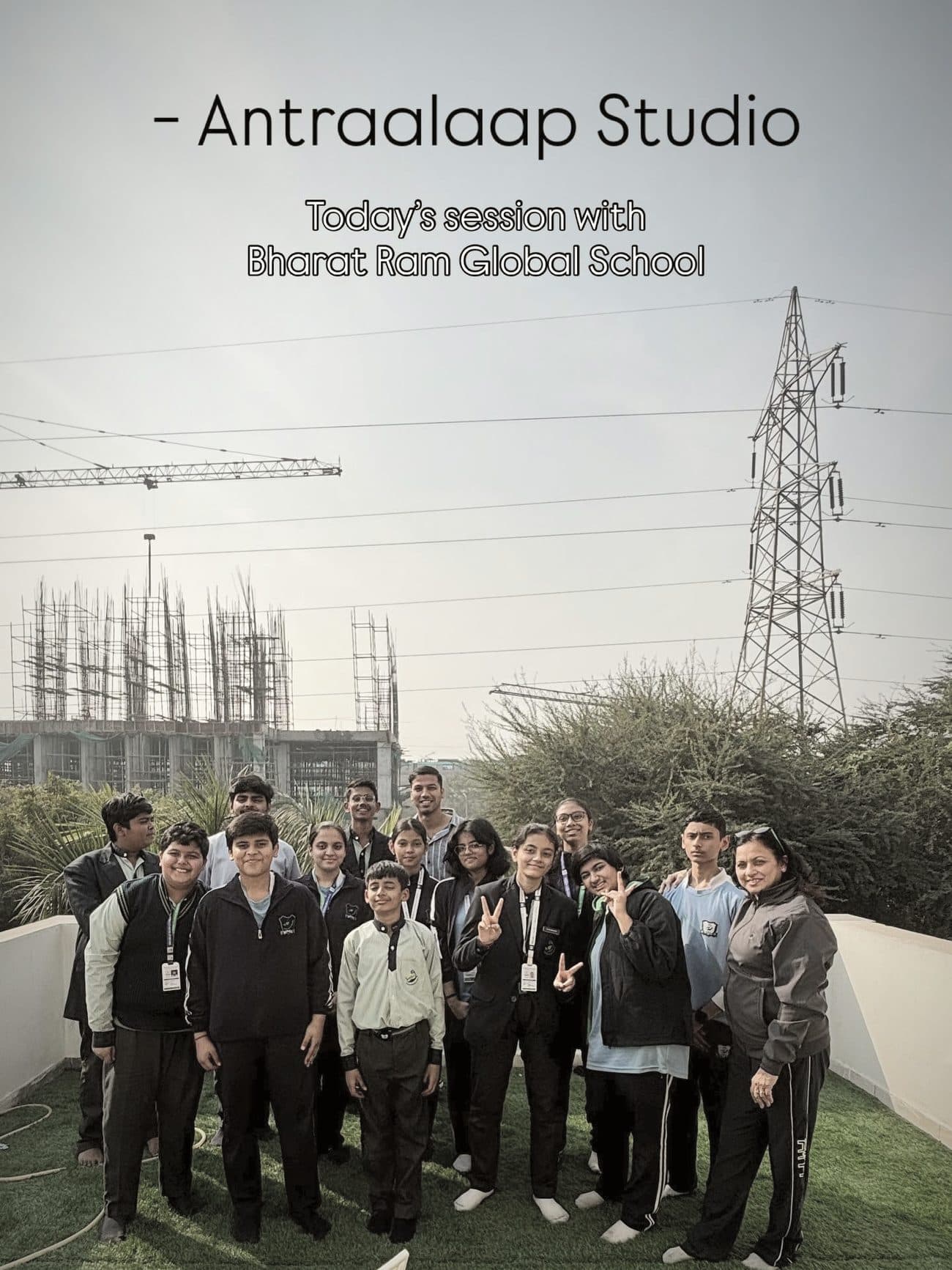 Students of Bharat Ram Global School with the Antraalaap team on the studio terrace after a recording session